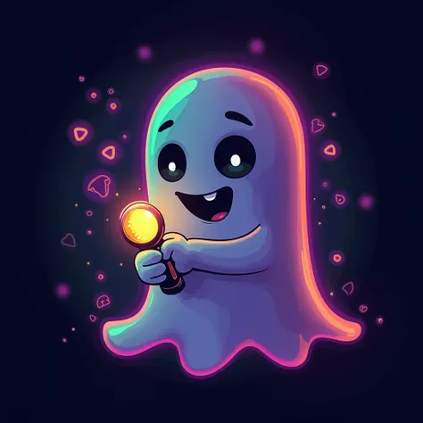 flashy profile picture of a 2D cartoon design featuring a ghostly character holding a small flashlight.  The ghost has a friendly and cute expression ,  but creepy . There is also a age girl wearing a hat .  There are neon glow effects surrounding the char...