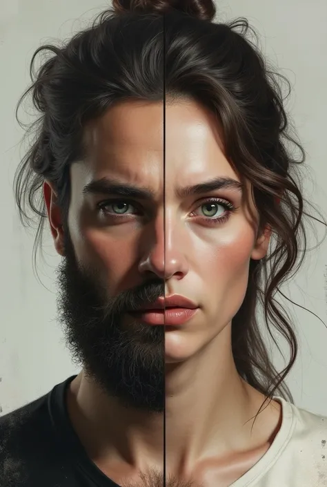 Draw a face half face man half face woman, half man with beard, half woman beautiful, That they have serious traits