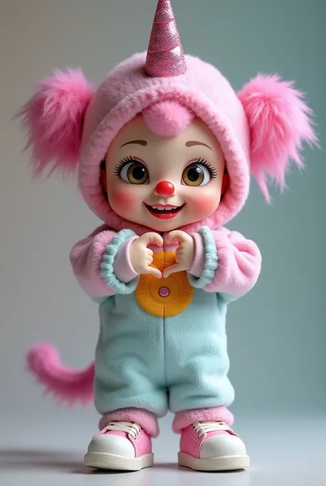 Little clown with a small nose, pink glitter badges, long eyelashes up and down black, Small mouthpiece, big honey-colored eyes, round eyebrows color black, slim face with natural skin tone,  smile with braces, long hair with two high chunks and the rest l...