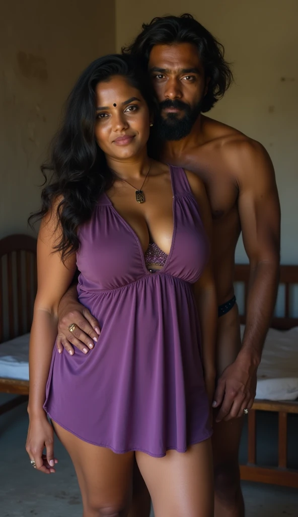 Hot thick healthy nude south indian dark skin married curvy indian mature aunty wife with long hair, big breast, big hip, big ass, thick thighs, woman wearing very short revealing violet color sleepover nightie dress (black small bindi), in ruin house with...