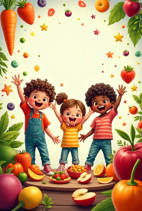  Create a vibrant and colorful book cover featuring happy and healthy ren enjoying nutritious meals. The background should include playful elements such as fruits ,  vegetables and fun icons that represent health and nutrition . The overall design should b...