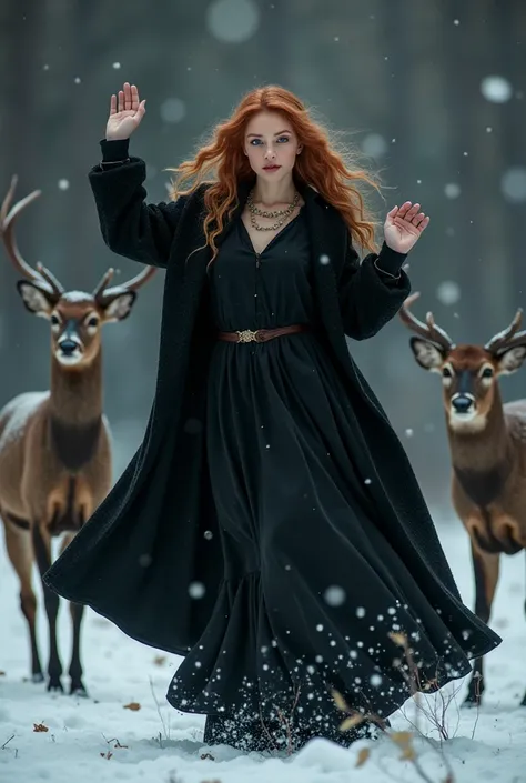  26 years old  seductive redblonde female Witch apprentice, winter, flames in brown eyes, black cloak, confident face, with Arms in the air she is dancing and have fun with deers, Dark Atmosphäre, Sharp Focus 