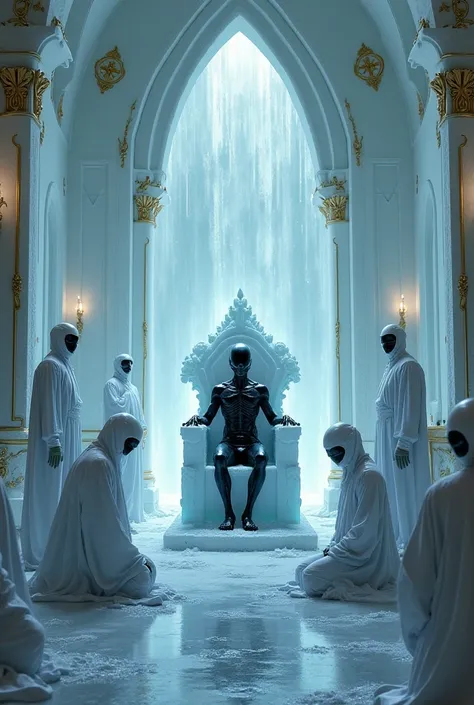 an ultra realistic 8k image, where in a place as if it were a king's room, but covered in ice and has an ice throne with an alien sitting and black and frozen and around several aliens bowed as if they were worshiping him . There are several details and dr...