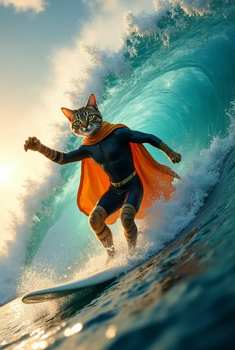 An anthropomorphic cat, still dressed in his heroic persona but now wearing a sleek wetsuit, is riding a massive ocean wave on a surfboard. His cape flutters behind him as he balances with feline agility, his claws gripping the board for extra control. His...