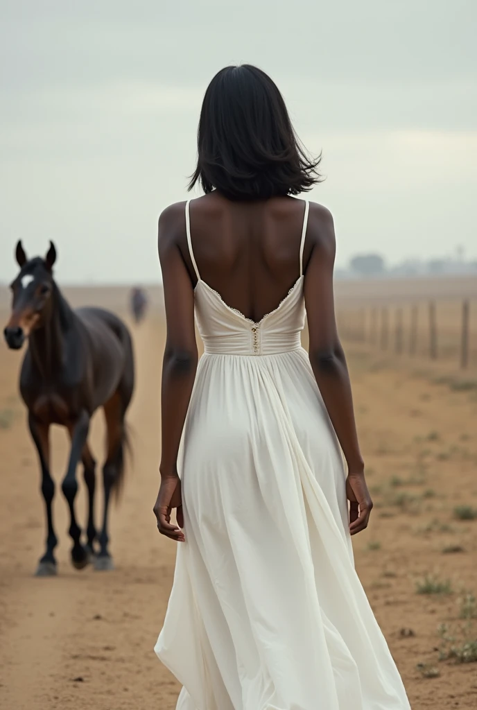 The image of a dark-skinned female figure with shoulder-length black hair and wearing an elegant white dress on her back walking alone on a deserted street or in an empty field with a mulatto  next to her