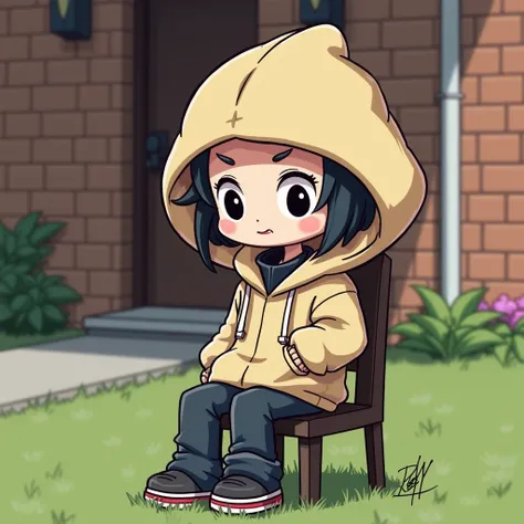 2d high quality attractive quality attractive extraordinary 
**"A stylized digital illustration of a cartoon-like character sitting on a chair, wearing a beige hoodie with the hood up and a headset microphone. The character has a simple, minimalist face wi...