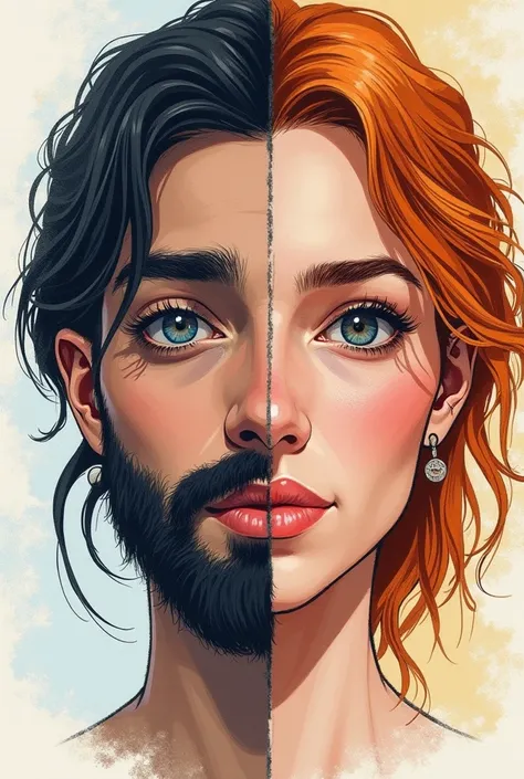 Draw a face half face man half face woman, half man with beard, half woman young beautiful, That they have serious traits, colorful, una cabeza de pantera con ellos