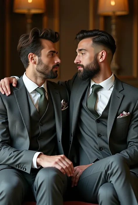 tall man , handsome , Strong and Arab dressed in a gray suit with a wine-colored shirt and a gray tie , acariciando el rostro de hombre blanco handsome de pelo castaño corto sin barba y vestido con traje color carbon con camisa blanca y corbata verde oscur...