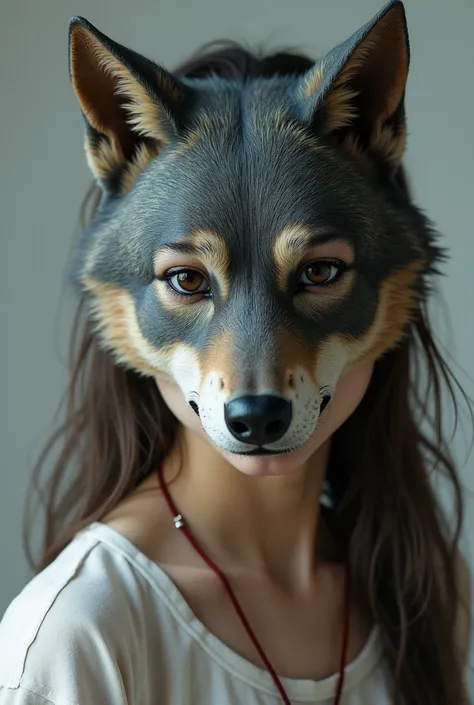 A human girl as realistic as possible with a wolf mask