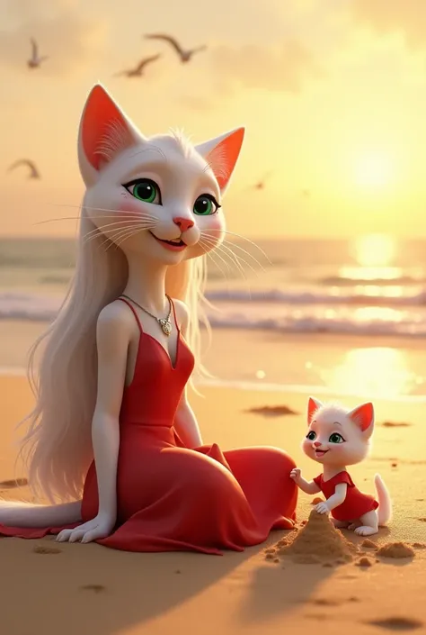 Prompt:
"A 3D animation-style scene set at sunset on a peaceful beach. Lily, an elegant anthropomorphic female cat, sits on the soft golden sand, her white fur glowing warmly under the fading sunlight. Her long, silken white hair cascades gracefully down h...