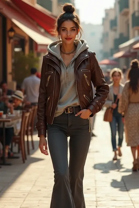 Full body beautiful white very thin skinny medium breasts lebanese woman, 5'7" tall, medium top bun brown hair, deep brown round eyes, layering 2 layers of winter clothes: collared point collar zip up (golden frontal zipper, many zippers) dark brown long s...