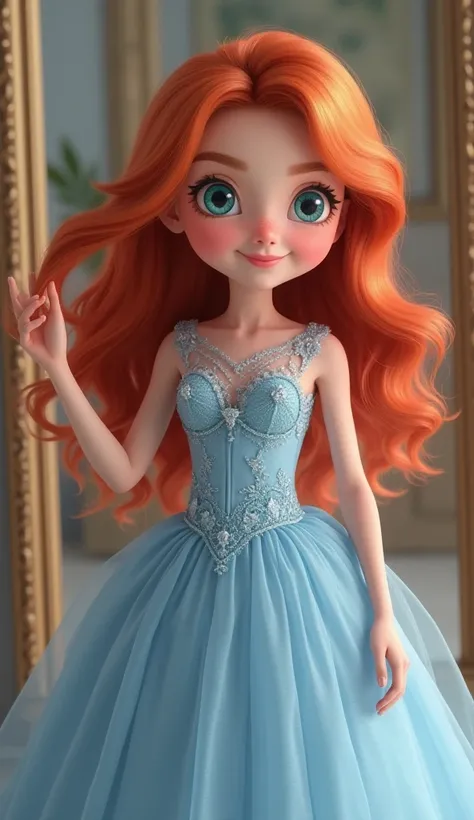 A very clear ultra hd animated image of " A confident young girl stands in front of a salon mirror, admiring her freshly dyed vibrant red hair. She runs her fingers through her newly colored locks, looking satisfied and unique." A young girl about 20 with ...