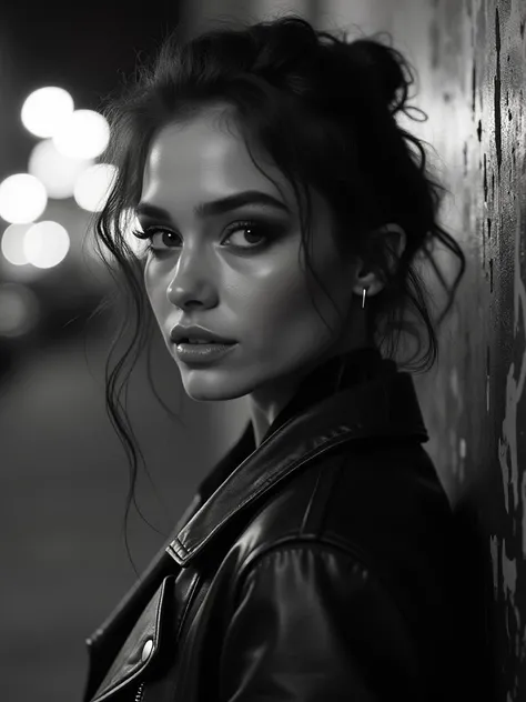 A contemporary black and white portrait of a strikingly beautiful 20-year-old woman, set in an urban environment. She has a confident, edgy look, with bold makeup and a leather jacket. The background features city lights or graffiti, with a gritty, high-co...