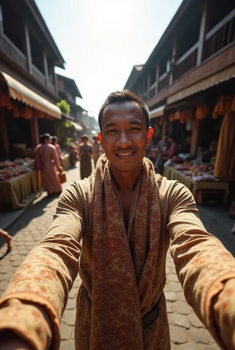 POV SELFIE, A man dressed in traditional 19th-century Indonesian attire, wearing a batik cloth. he stand in the middle of a colonial-era market in 1855, with a backdrop of Dutch colonial-style buildings and native merchants selling spices and woven fabrics...