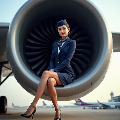 A stunning, tall, and elegant flight attendant sits gracefully on the massive engine of a commercial airliner, posing for a professional airline photoshoot. The jet engine is enormous, its polished metallic surface reflecting the soft daylight, emphasizing...