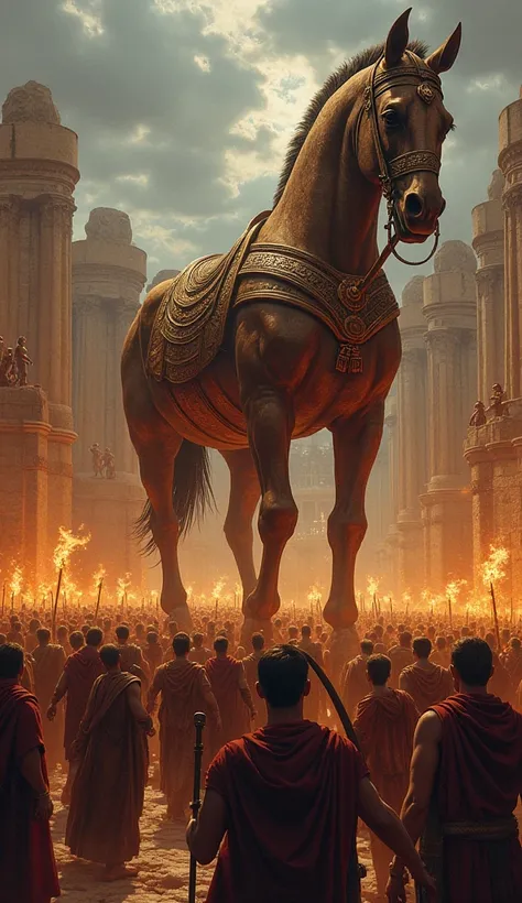 A detailed illustration of the traditional Trojan Horse legend—Trojans pulling the enormous wooden horse into their city, celebrating with torches and cheers, unaware of the hidden Greek soldiers inside. The city of Troy is grand, with towering stone walls...