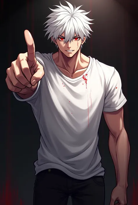 anime style man pointing with index finger, he is also wearing a t-shirt, 1 boy, male focus, t-shirt, solo, white hair, red eyes, white t-shirt, black pants, looking at viewer, dark atmosphere, athletic body, aura around body, angry, shadow on face, scratc...