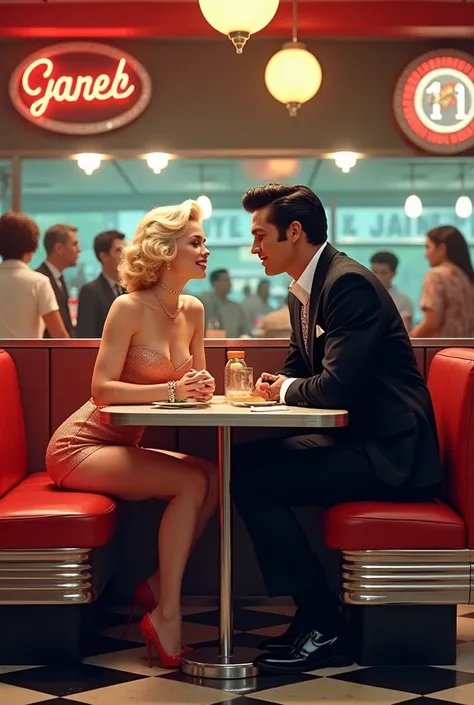 Marilyn Monroe and Elvis Presley at a 60s diner