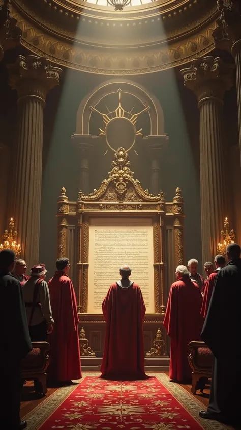 A cinematic, ultra-realistic scene kings palace, where king standing with his ministers, one scribe to write on big board and this is what written on the board "For he is the living God
    and he endures forever;
his kingdom will not be destroyed,
    his...