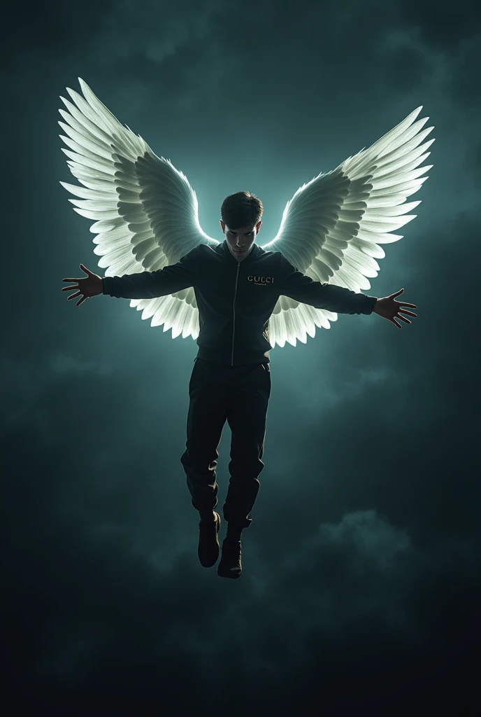 Cover for a trap album where there is an 18-year-old boy dressed in a Gucci jumpsuit who flies with his wings and looks at the ground with the sky all black