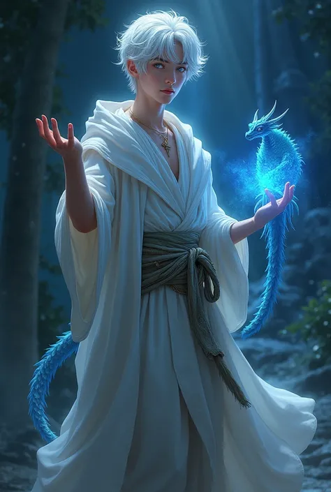 Young man human sorcerer, White color, white hair and light blue eyes, light clothes, With a very small blue pet dragon, Dark Fantasy