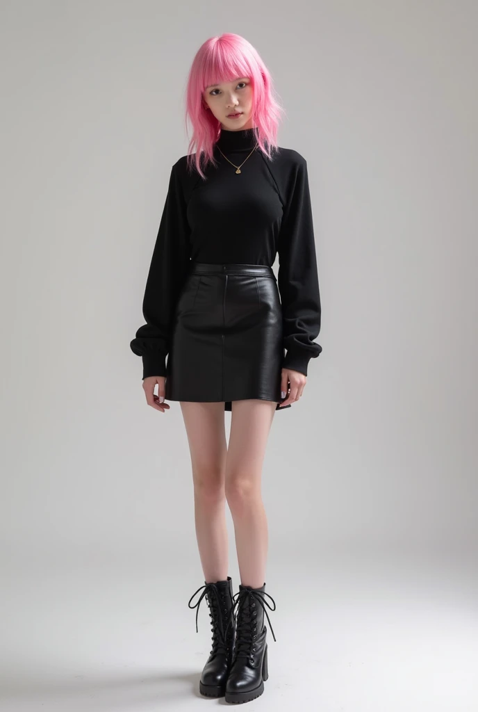  PRETTY GIRL,  with pink tips wearing a black skirt and a black top, Along with a high boot