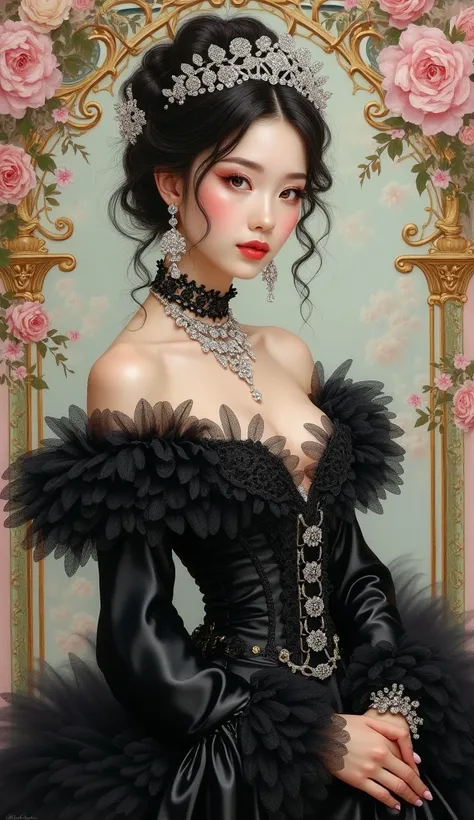 "A stunningly gorgeous Japanese woman, depicted in an exquisite acrylic painting inspired by the Rococo art style. She is adorned in a lavish Victorian-era outfit crafted from luxurious black silk and intricate lace, exuding elegance and sophistication. He...