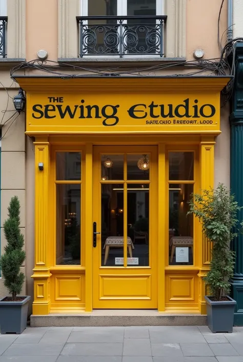 Generate an image of a super realistic 4K , in camera positions at cinematic angles, showing the sign or plate with the name of the sewing studio with the glass entrance showing its interior, With the standard colors golden yellow,  only, with a beautiful ...