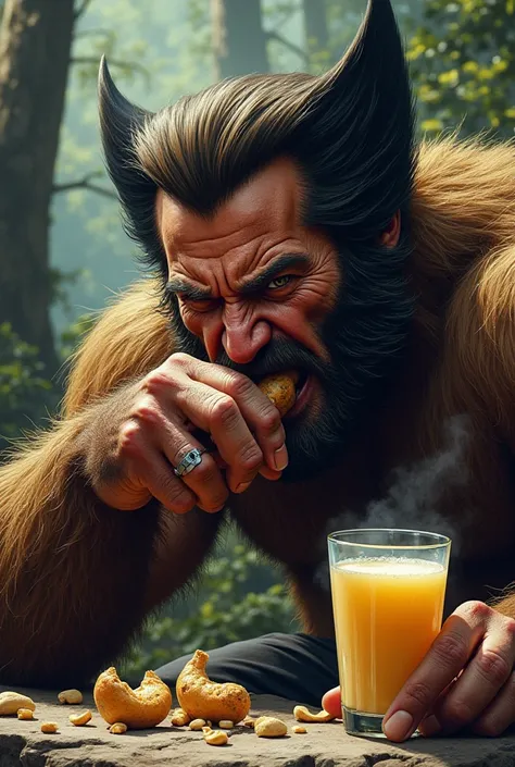 Wolverine eating a 's foot with cashew juice