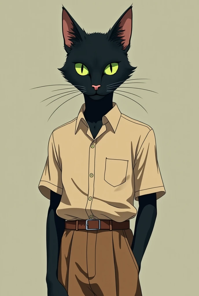 A man with a black cat's head, green eyes, light beige dress shirt , Wide brown pants, Anime-style image from the 90s or 2000s, a less realistic anime style