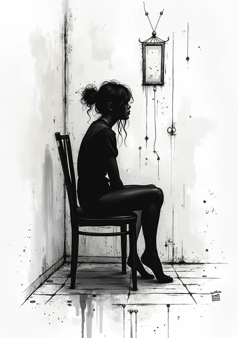 A modern, intricate ink sketch of a solitary figure with an abstract, featureless beautyfull woman, lost in thought as she sits on a chair in room dressed in black top and tights, surrounded by minimalist, dreamlike elements and textures, juxtaposed agains...