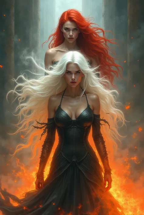 A woman with white hair who is in flames and behind her a woman who crosses her arms with red hair 