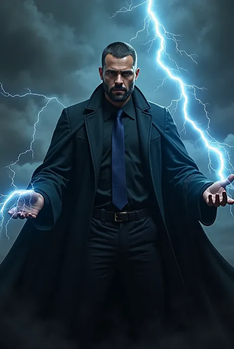 Handsome sorcerer with a short beard wearing a black robe wearing a black suit with a dark blue tie underneath , Using lightning magic protecting handsome man 