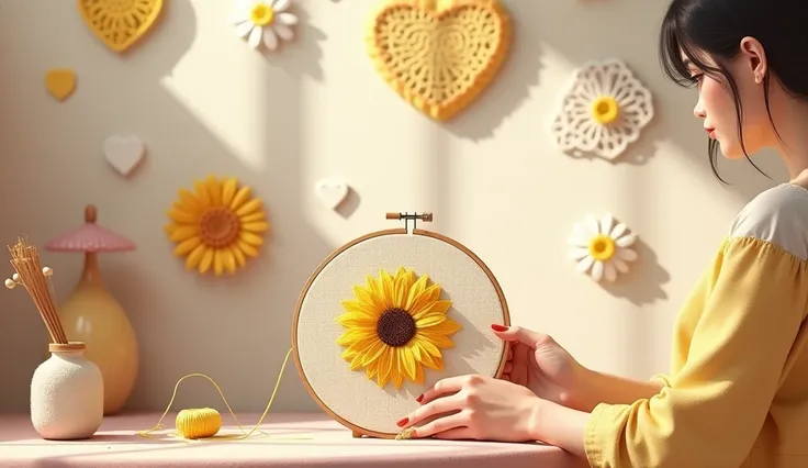 A non-real anime-style digital image, showing only the hands of a woman sitting with her back half turned to the side. She holds a wooden hoop in one hand, carefully embroidering a large yellow sunflower with a perforated needle that has a wooden handle in...