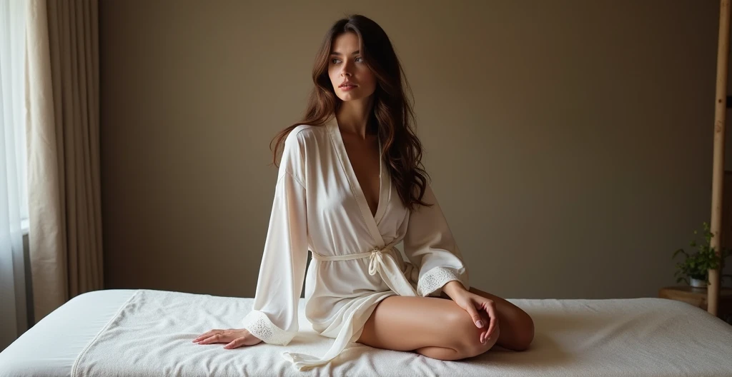 ( masterpiece,  High quality cutlery,  best quality,  extremely detailed, greater detail,  Real photo , . hyper-realistic, Slavic woman, 30 years old,  Long brown hair ,  detailed skin, (( open legs)). She's wearing a Silky white robe, Silky, slightly lacy...