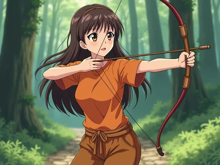 A girl with  long brown hair and brown eyes, wearing an orange t-shirt and orange baggy pants, She is shooting a bow. She is in the forest, anime style. She has big breasts, and she  has a thin waist. The style must be anime jujutsukaisen