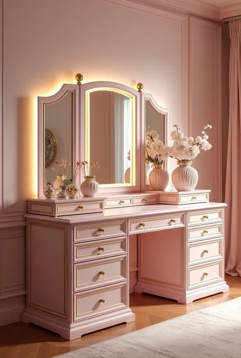  Large light pink dressing table with 10 large drawers ,Details in gold relief ,
 Three-part mirror with LED light in LED strip ,
 An open drawer with divisions for organizing things
