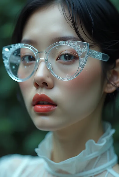 The model is wearing crystal sunglasses with stars and the moon on the nude glass