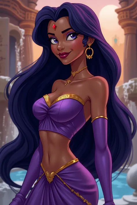 Raven from the Teen Titans as Jasmine from Aladdin in Disney style ( purple hair/  brown skin/ a small red diamond on the forehead)