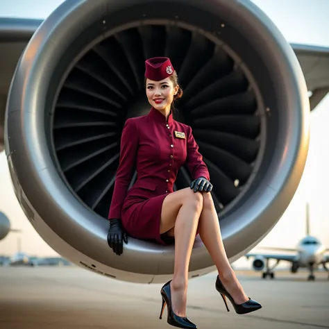 A stunning, tall, and elegant flight attendant sits gracefully on the edge of a massive aircraft engine, posing for a professional airline photoshoot. The jet engine is enormous, its polished metallic surface reflecting the soft daylight, emphasizing the s...