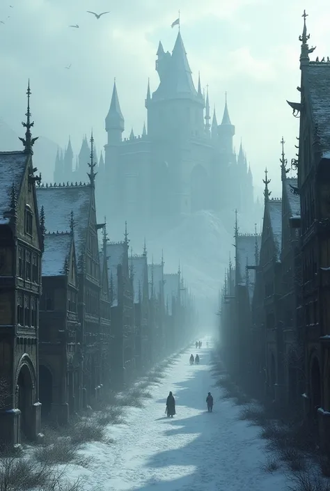 Large medieval city , dark buildings .  Great simple and macabre castle. snowy background