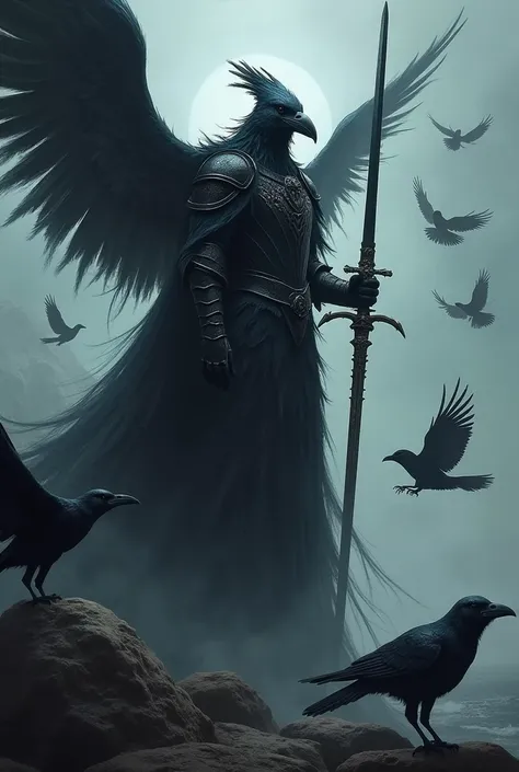 Elden Ring-like boss, tall knight, lord of the 4 winged Crows, black feathers, shadows, dusk, long thin sword, crow helmet, ready for a fight, surronded by crows with 4 wings