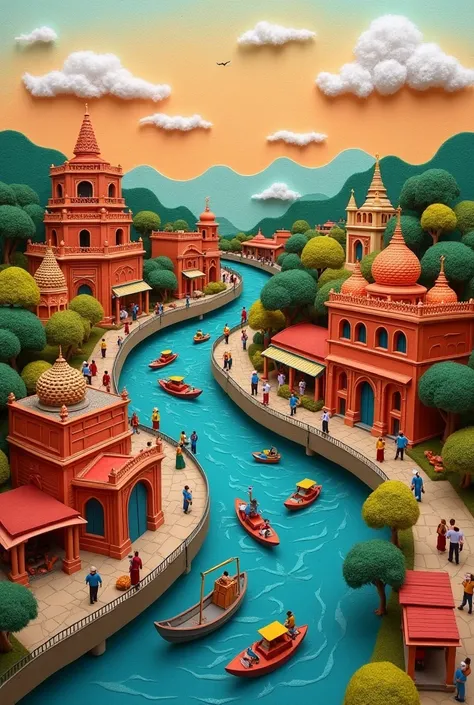 A handcrafted felt-style illustration of Chittagong city, Bangladesh, highlighting its rich history and landmarks. The illustration includes the Chittagong City College, traditional markets (biponi bitan), and historic sites such as Anderkilla Shahi Jame M...