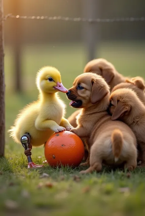 A small duckling with a tiny brace on one leg waddles toward his puppy friends, who are struggling to reach a ball stuck under a fence. Using his beak, the determined duckling nudges the ball free, and the puppies excitedly bark and wag their tails. The du...