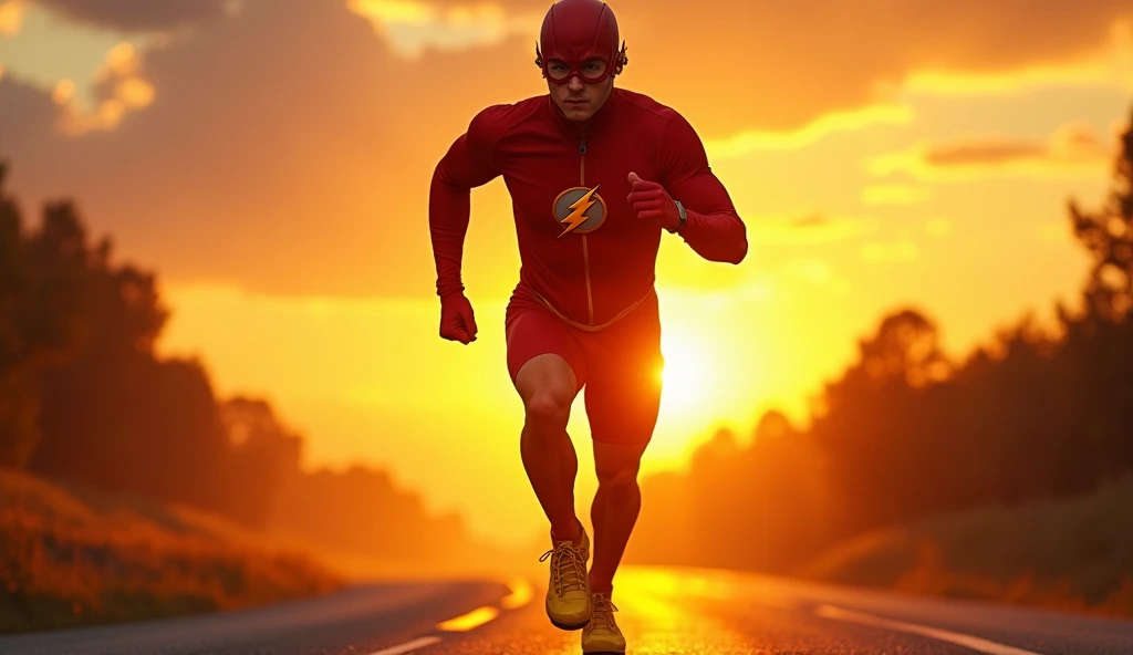 ((( intricate details))), ((( best quality))), (((extreme quality of detail))), ((( complex composition ))),  The Flash running down a vibrant sunset ,  warm gold tones reflecting on the asphalt , wearing a vibrant red suit with tight cycling shorts above ...