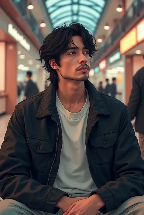 A 22-year-old dark-haired medium-length 90s style boy is dressed in a white shirt and a black jacket..  He has a light beard , only visible. sitting.  Departments 