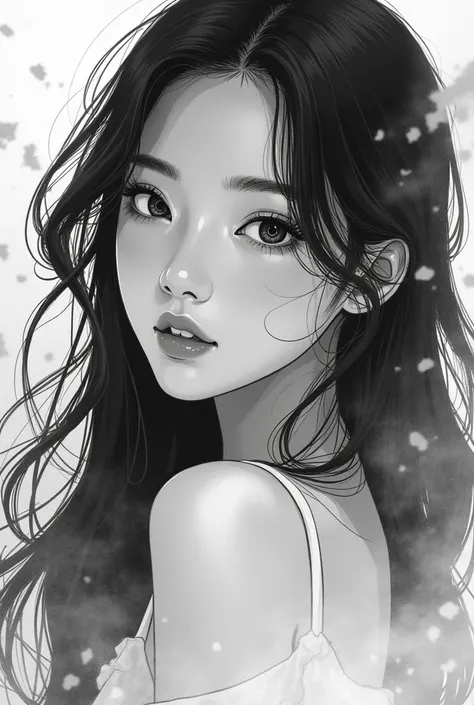 Create a black and white image of Jang Wonyoung, idol do ive como se estivesse no universo de true beauty webtoon, The Manhwa