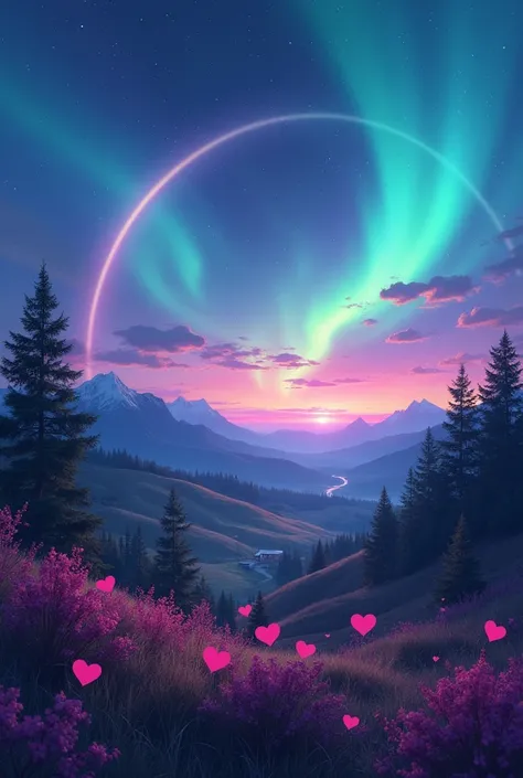   In the valley  . In the background,  we find aurora borealis with hearts floating. Un arc en ciel remplie d'amour au loin! Hue of pink and blue. Landscape only. Style pixar.