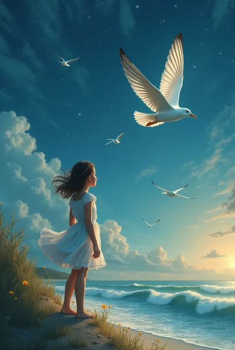 Once, in a small village by the sea, there was a young girl named Lily who dreamed of flying. Every day, she would watch the seagulls soaring above, wishing she could join them in the sky. One evening, an old woman appeared on the shore and handed Lily a s...