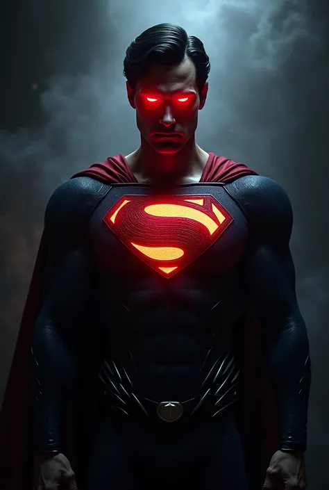 Image of Superman in the dark ,  with only your eyes glowing extremely red in the dark, your mark on your chest glowing extremely red in the dark .